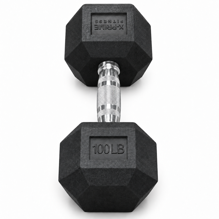 X-Prime Fitness 100 lb rubber hex dumbbell on white background, sold as a pair