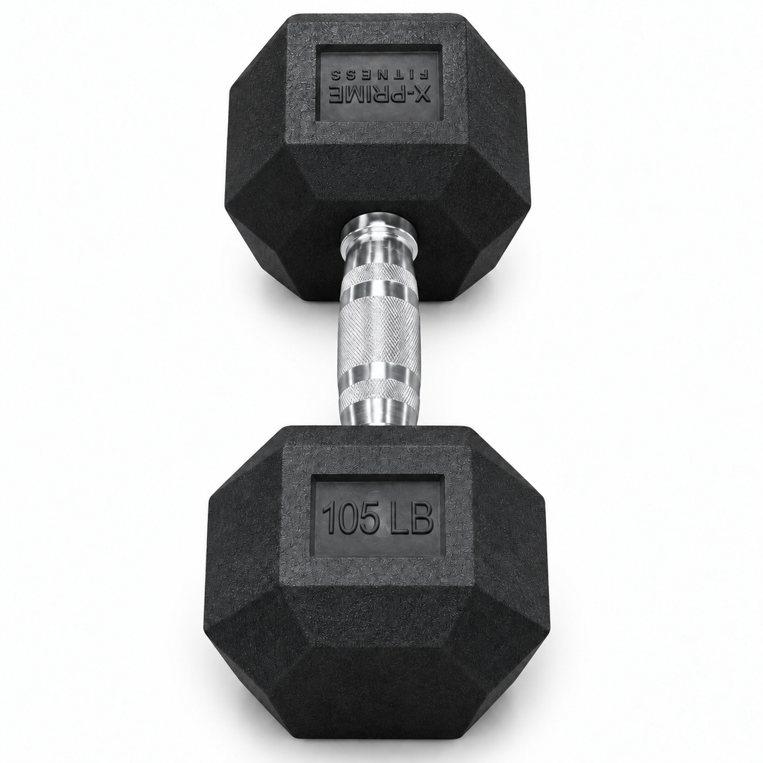 X-Prime Fitness 105 lb rubber hex dumbbell on white background, sold as a pair