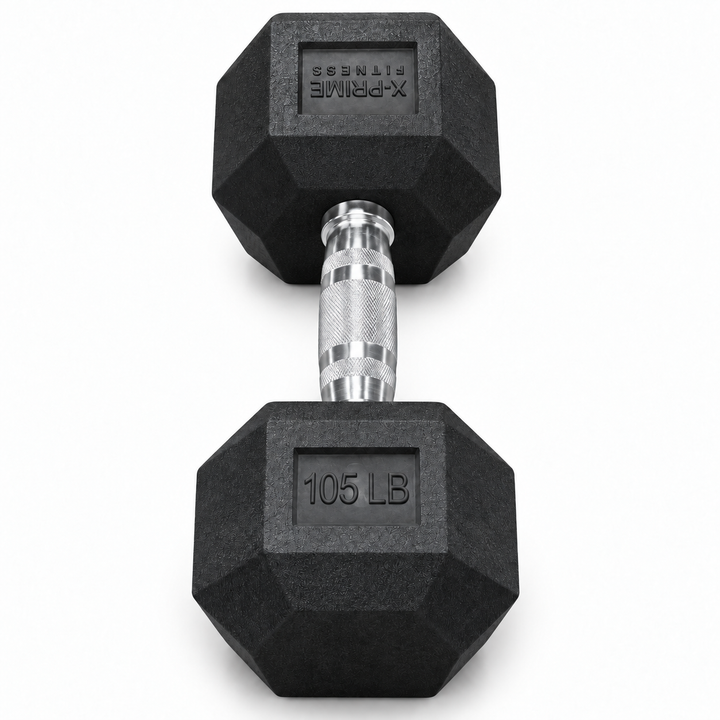 X-Prime Fitness 105 lb rubber hex dumbbell on white background, sold as a pair