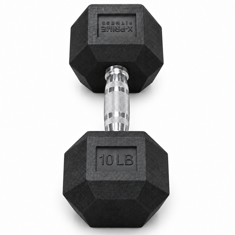 X-Prime Fitness 10 lb rubber hex dumbbell on white background, sold as a pair