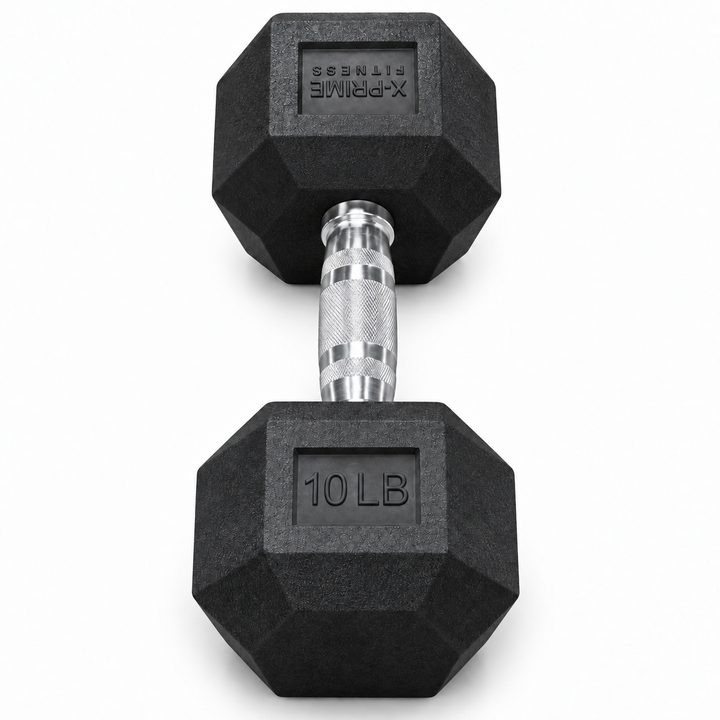 X-Prime Fitness 10 lb rubber hex dumbbell on white background, sold as a pair