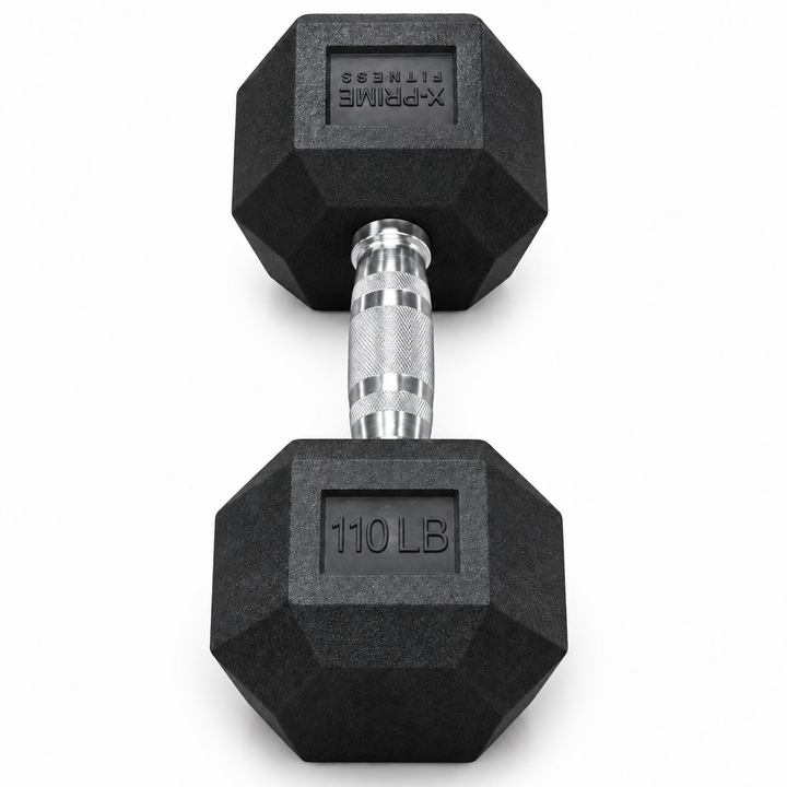 X-Prime Fitness 110 lb rubber hex dumbbell on white background, sold as a pair