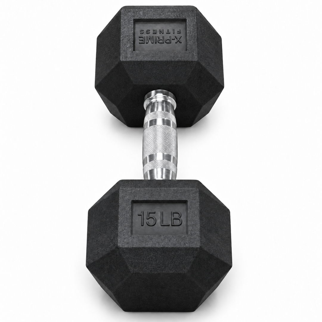 X-Prime Fitness 15 lb rubber hex dumbbell on white background, sold as a pair