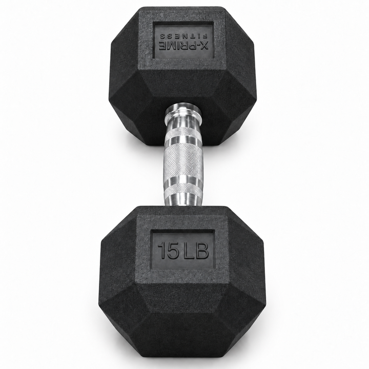 X-Prime Fitness 15 lb rubber hex dumbbell on white background, sold as a pair