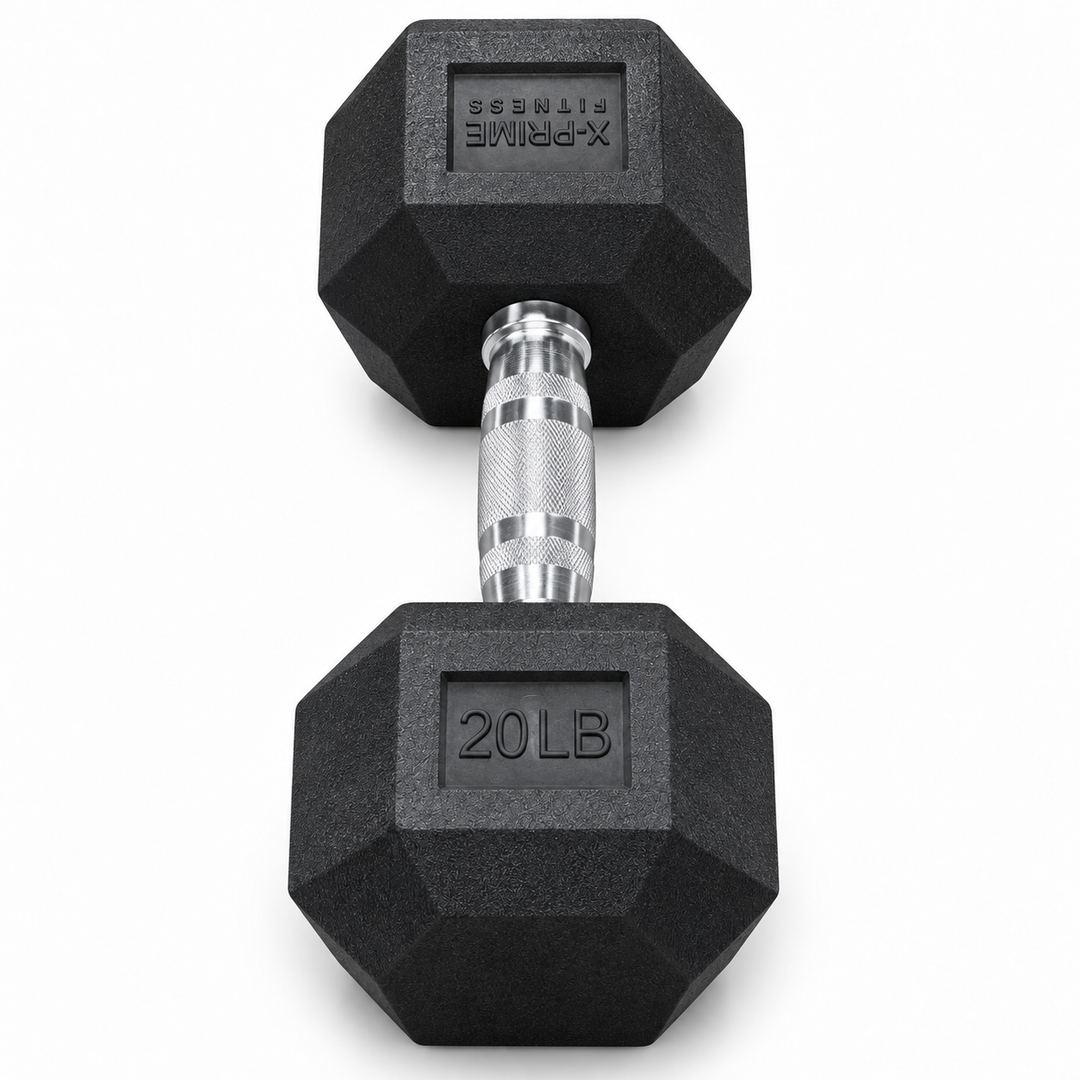 X-Prime Fitness 20 lb rubber hex dumbbell on white background, sold as a pair