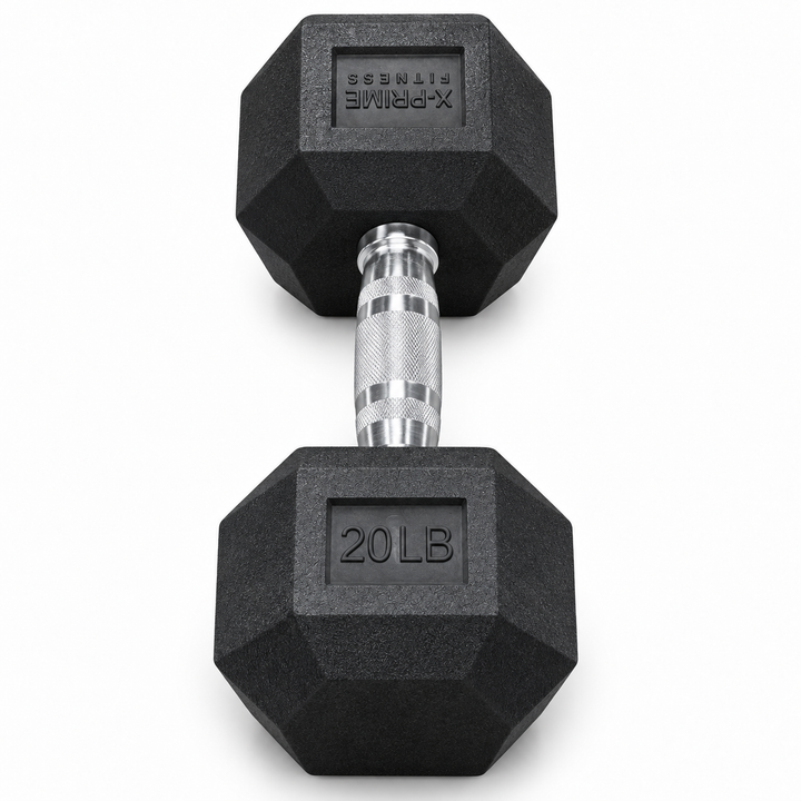 X-Prime Fitness 20 lb rubber hex dumbbell on white background, sold as a pair