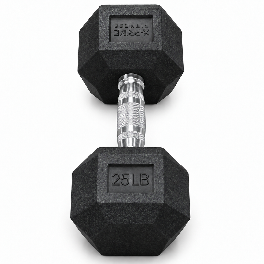 X-Prime Fitness 25 lb rubber hex dumbbell on white background, sold as a pair
