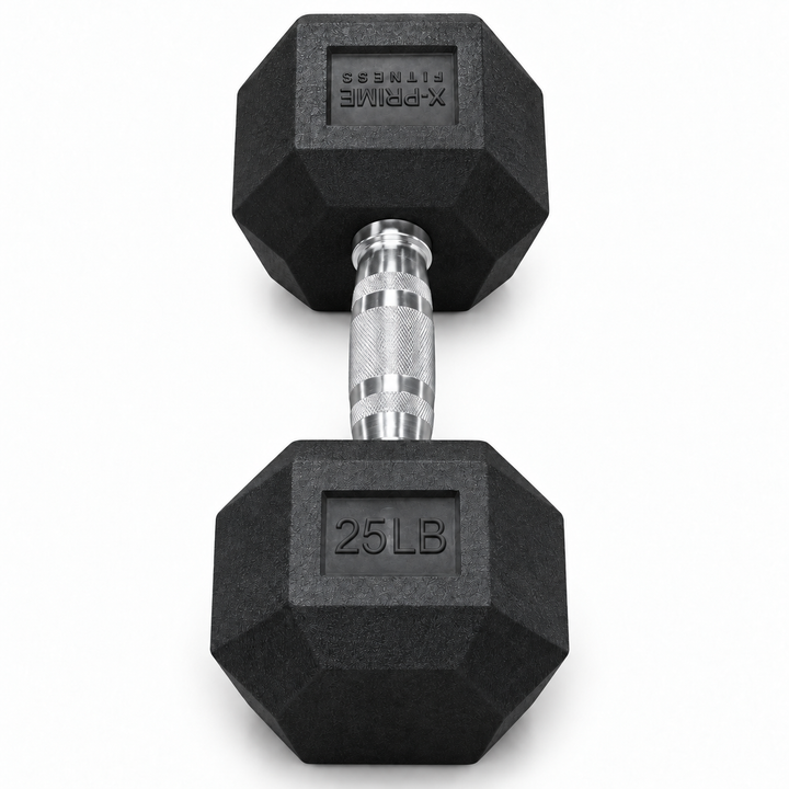 X-Prime Fitness 25 lb rubber hex dumbbell on white background, sold as a pair