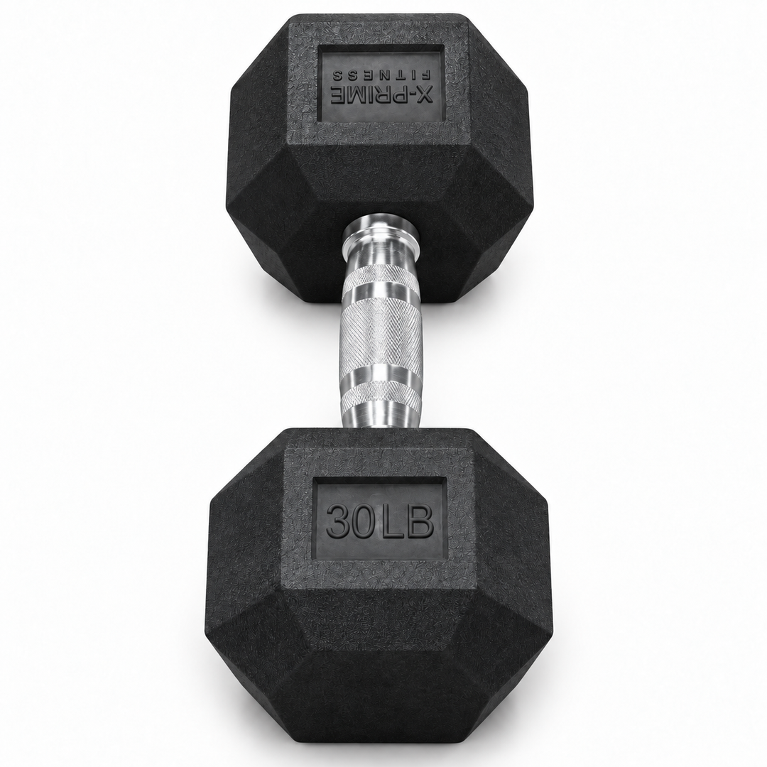 X-Prime Fitness 30 lb rubber hex dumbbell on white background, sold as a pair