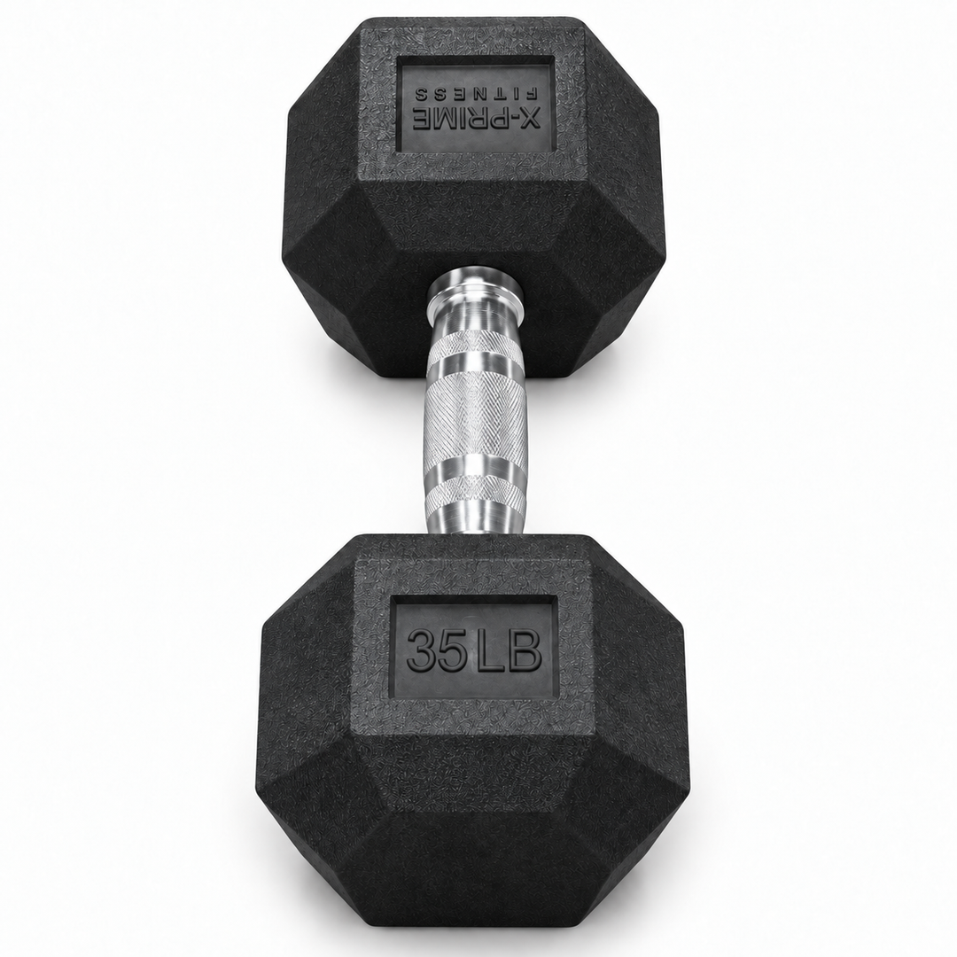 X-Prime Fitness 35 lb rubber hex dumbbell on white background, sold as a pair