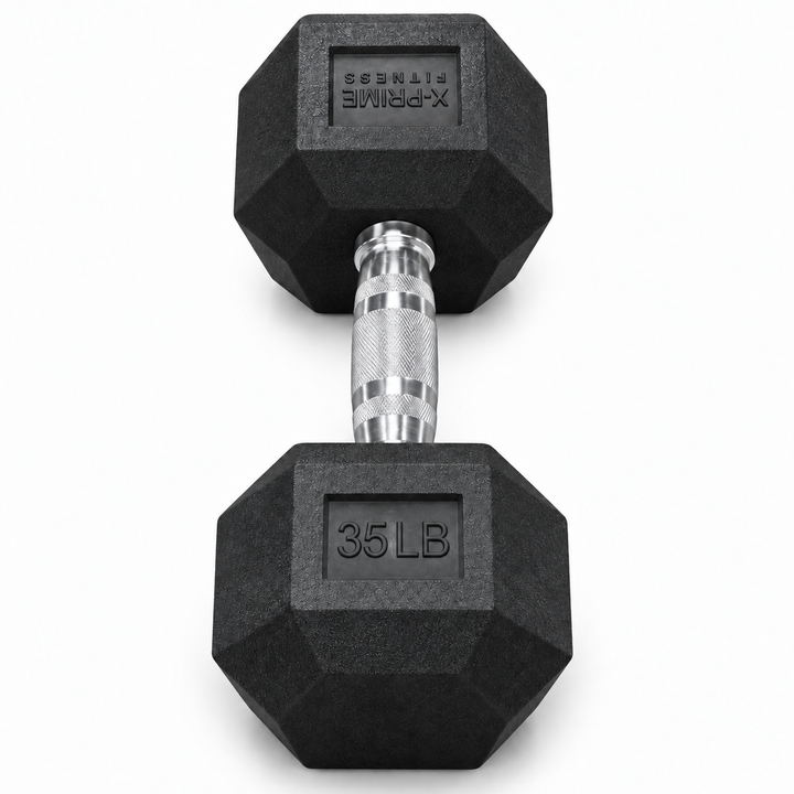 X-Prime Fitness 35 lb rubber hex dumbbell on white background, sold as a pair