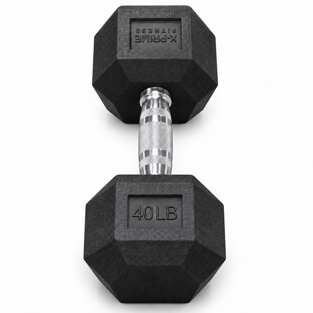 X-Prime Fitness 40 lb rubber hex dumbbell on white background, sold as a pair