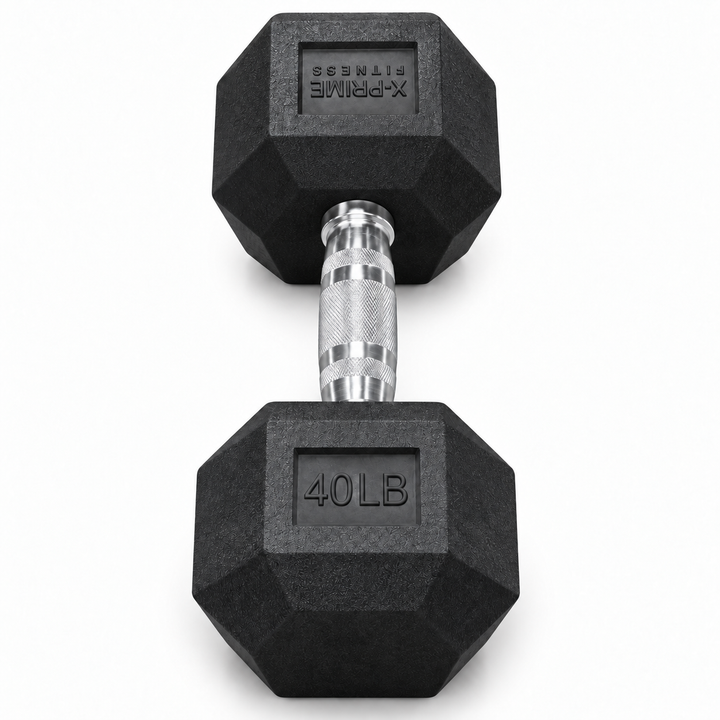 X-Prime Fitness 40 lb rubber hex dumbbell on white background, sold as a pair