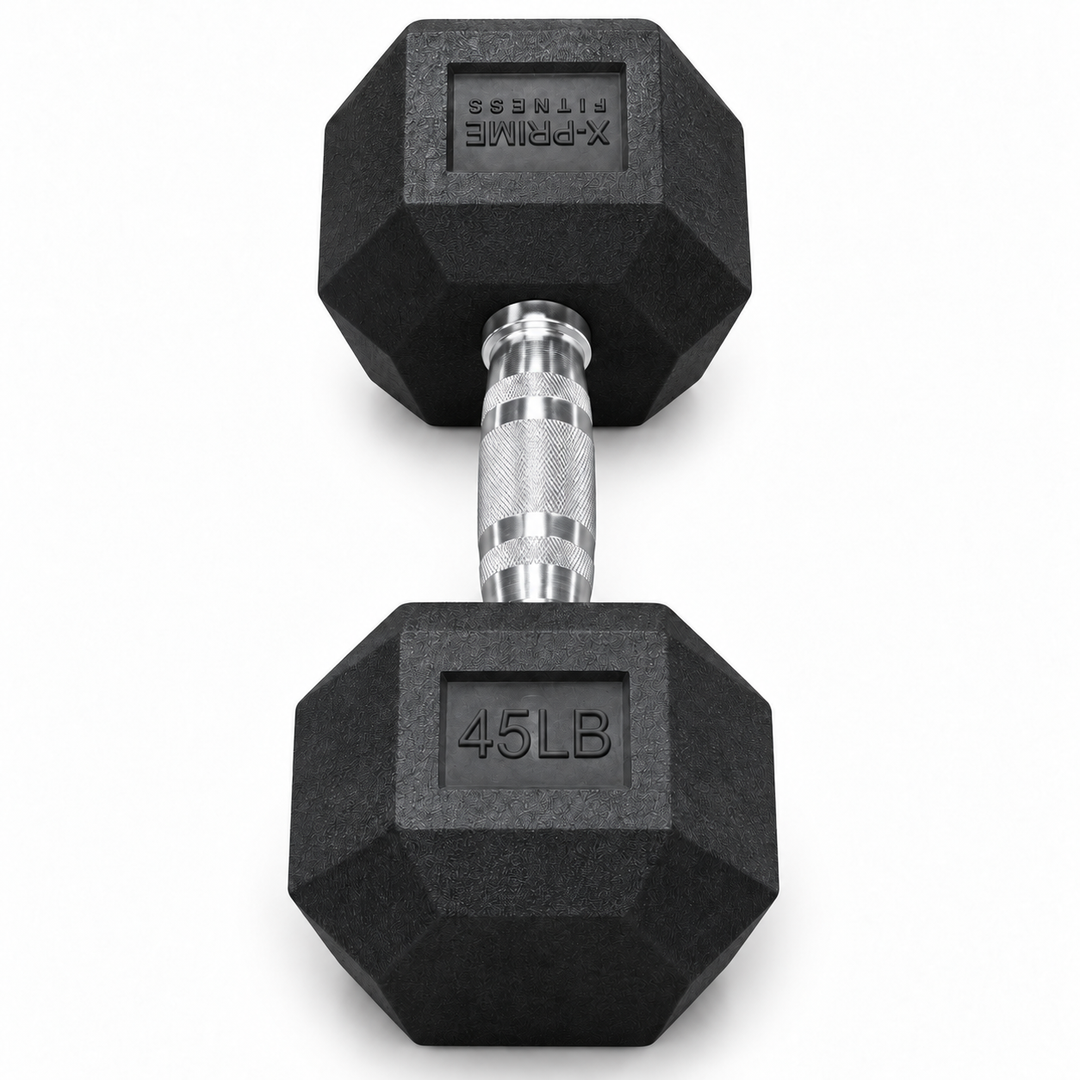 X-Prime Fitness 45 lb rubber hex dumbbell on white background, sold as a pair