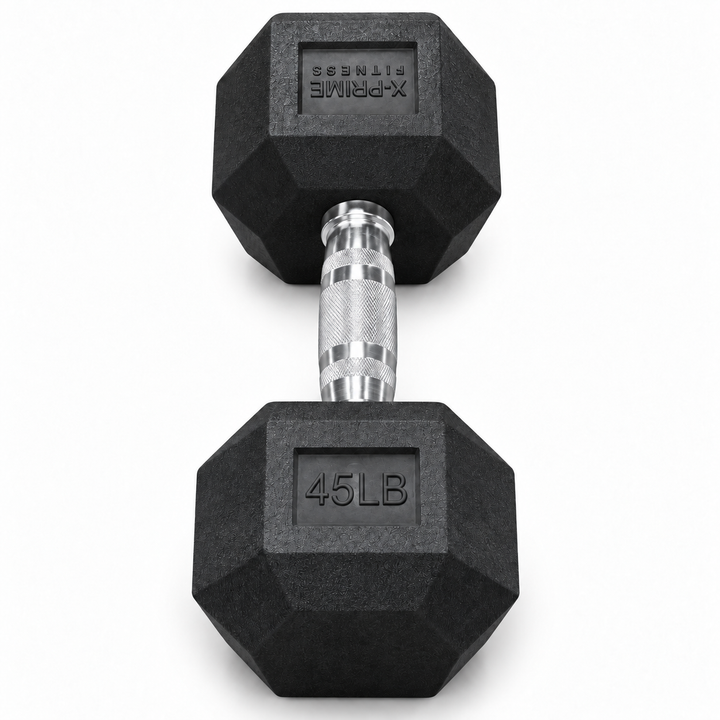 X-Prime Fitness 45 lb rubber hex dumbbell on white background, sold as a pair