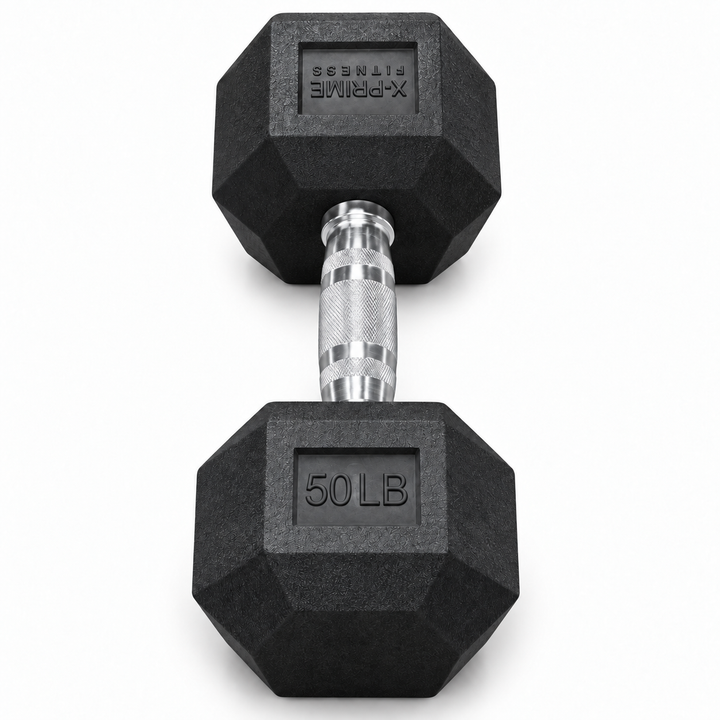 X-Prime Fitness 50 lb rubber hex dumbbell on white background, sold as a pair