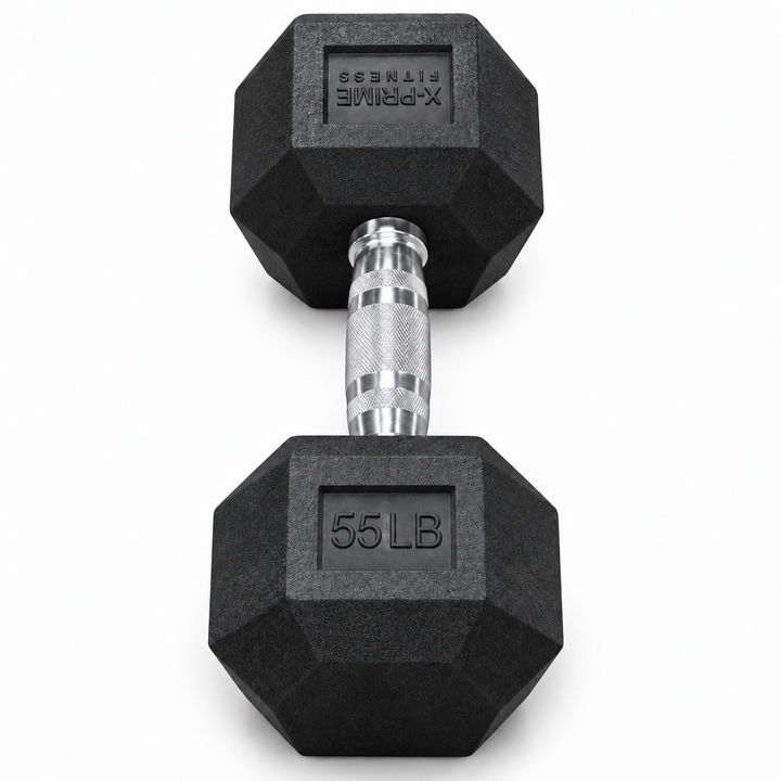 X-Prime Fitness 55 lb rubber hex dumbbell on white background, sold as a pair