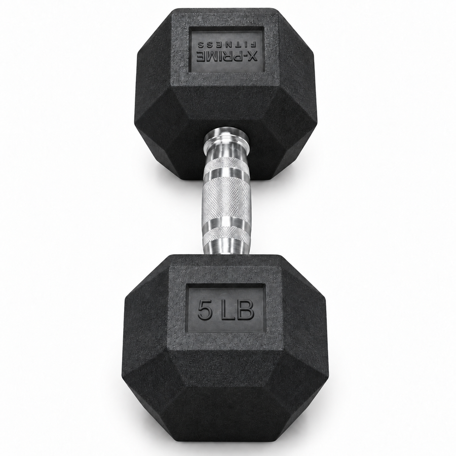 X-Prime Fitness 5 lb rubber hex dumbbell on white background, sold as a pair