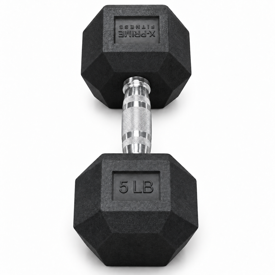 X-Prime Fitness 5 lb rubber hex dumbbell on white background, sold as a pair