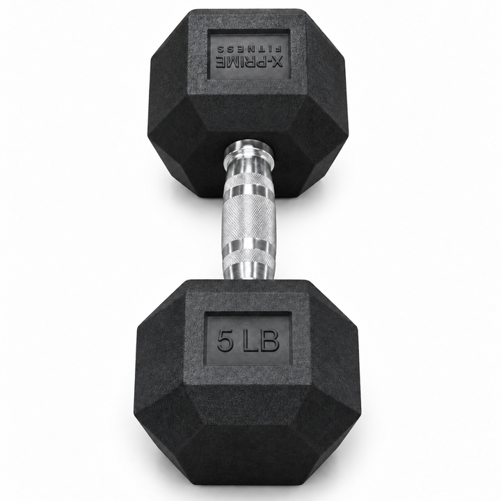 X-Prime Fitness 5 lb rubber hex dumbbell on white background, sold as a pair