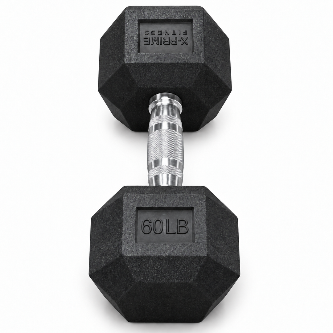 X-Prime Fitness 60 lb rubber hex dumbbell on white background, sold as a pair