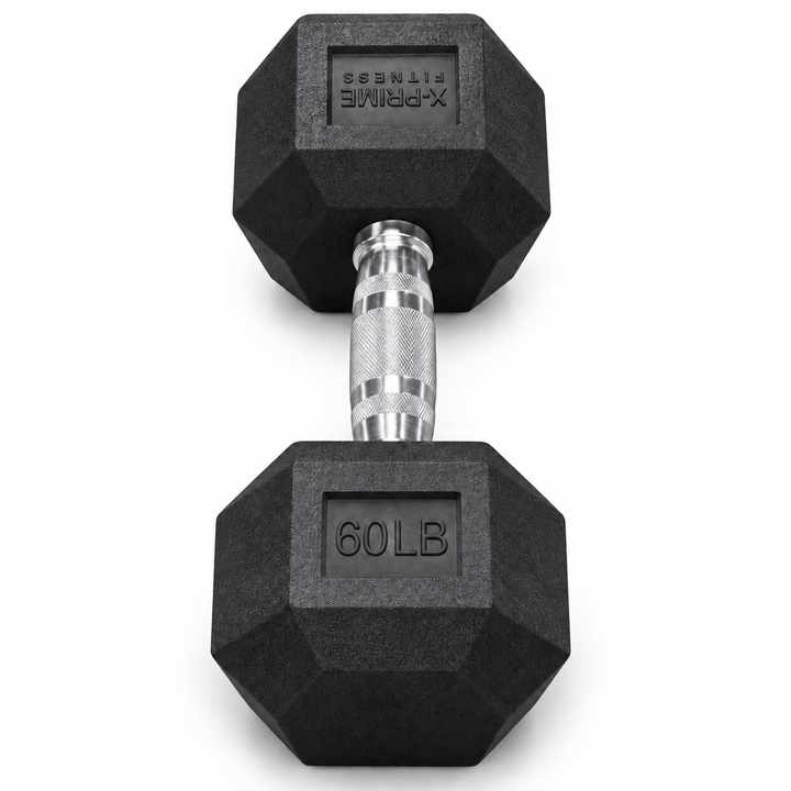 X-Prime Fitness 60 lb rubber hex dumbbell on white background, sold as a pair