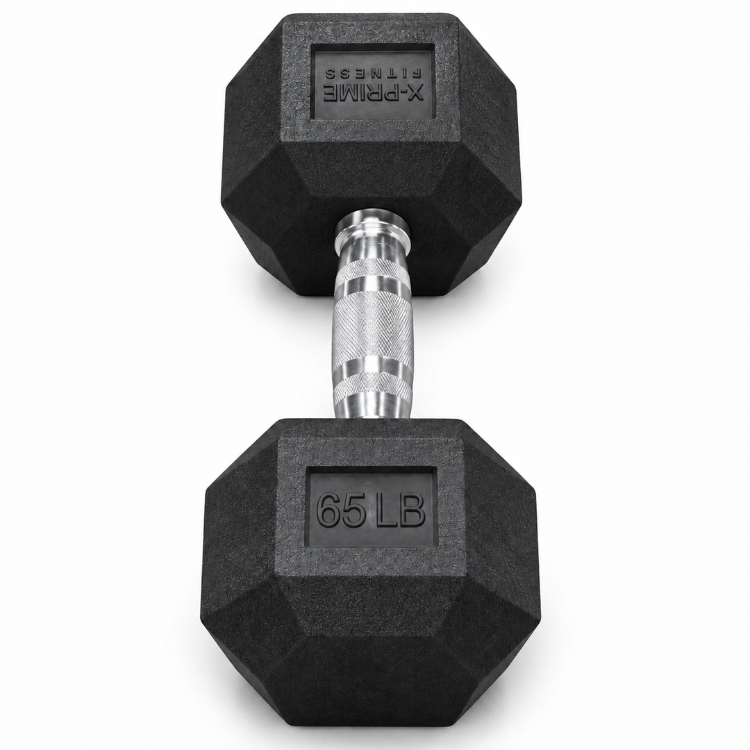 X-Prime Fitness 65 lb rubber hex dumbbell on white background, sold as a pair
