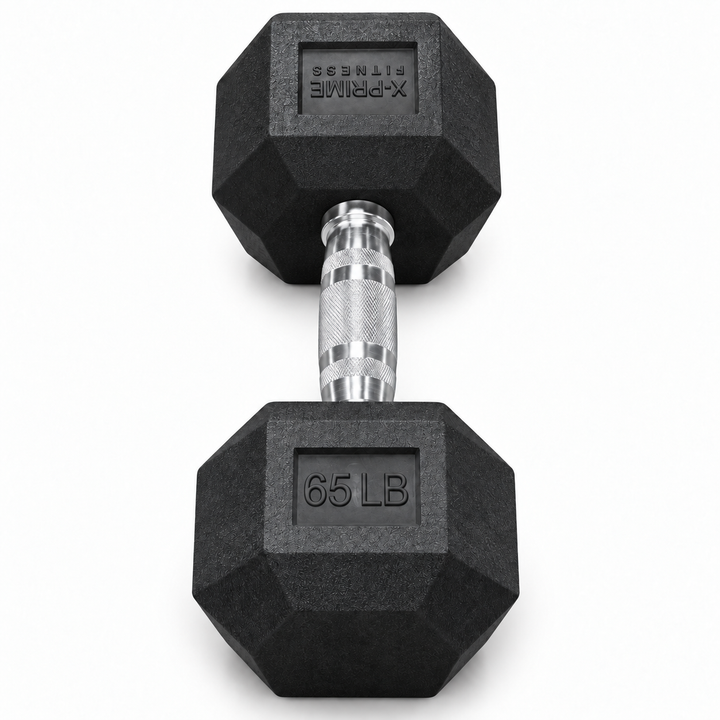 X-Prime Fitness 65 lb rubber hex dumbbell on white background, sold as a pair