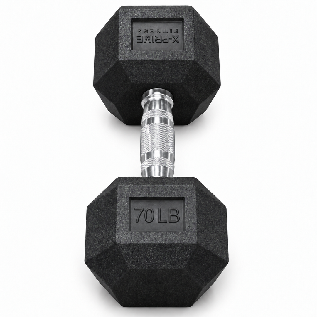 X-Prime Fitness 70 lb rubber hex dumbbell on white background, sold as a pair