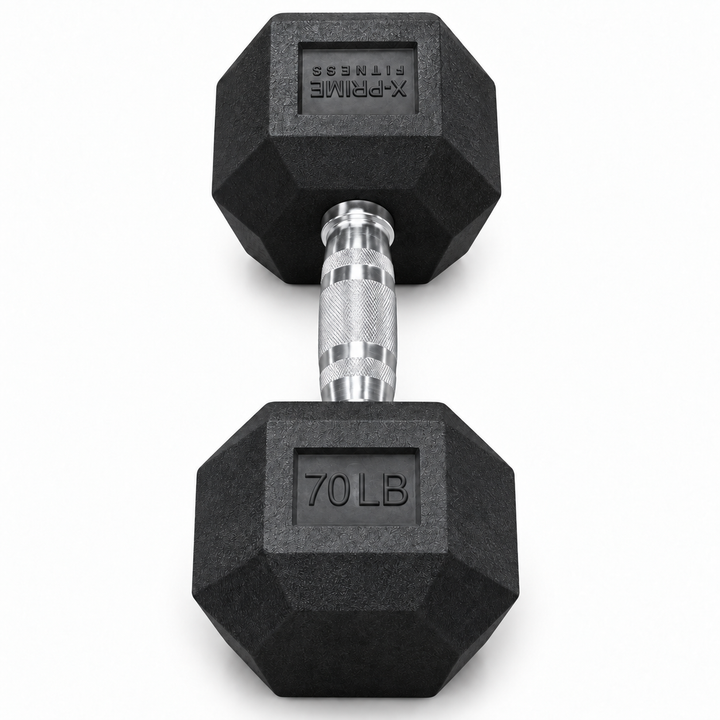 X-Prime Fitness 70 lb rubber hex dumbbell on white background, sold as a pair