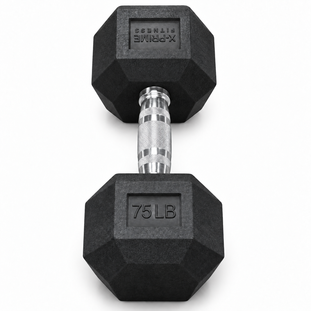 X-Prime Fitness 75 lb rubber hex dumbbell on white background, sold as a pair