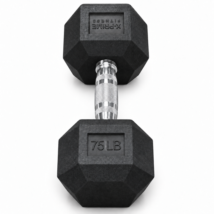 X-Prime Fitness 75 lb rubber hex dumbbell on white background, sold as a pair
