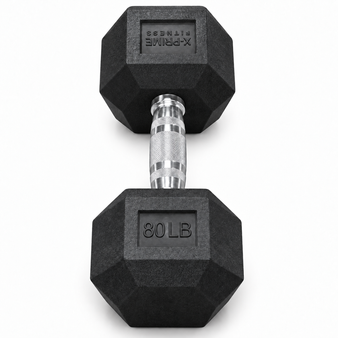 X-Prime Fitness 80 lb rubber hex dumbbell on white background, sold as a pair