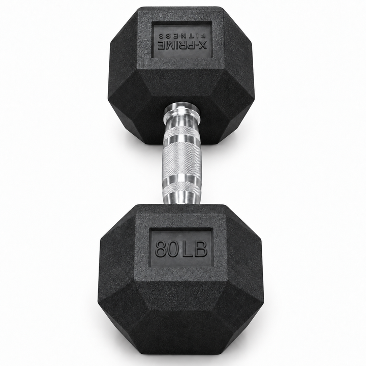 X-Prime Fitness 80 lb rubber hex dumbbell on white background, sold as a pair