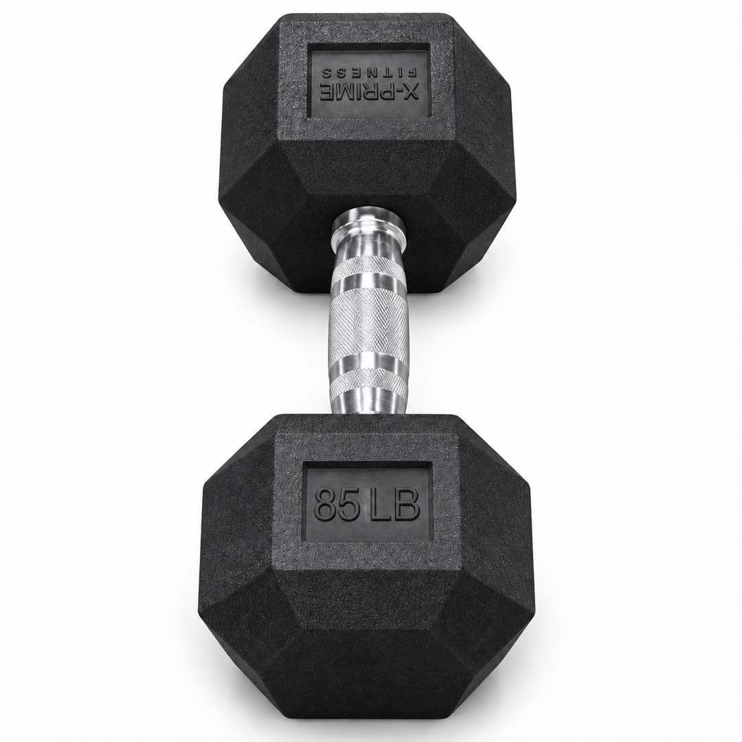X-Prime Fitness 85 lb rubber hex dumbbell on white background, sold as a pair