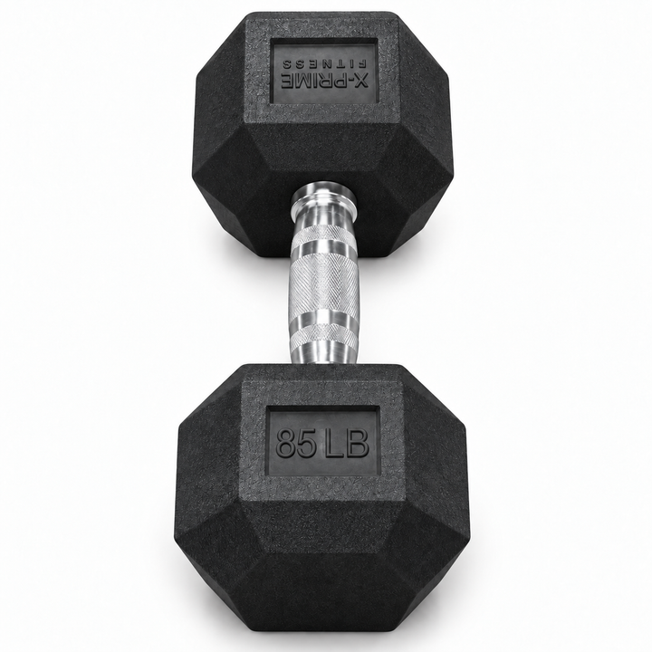 X-Prime Fitness 85 lb rubber hex dumbbell on white background, sold as a pair