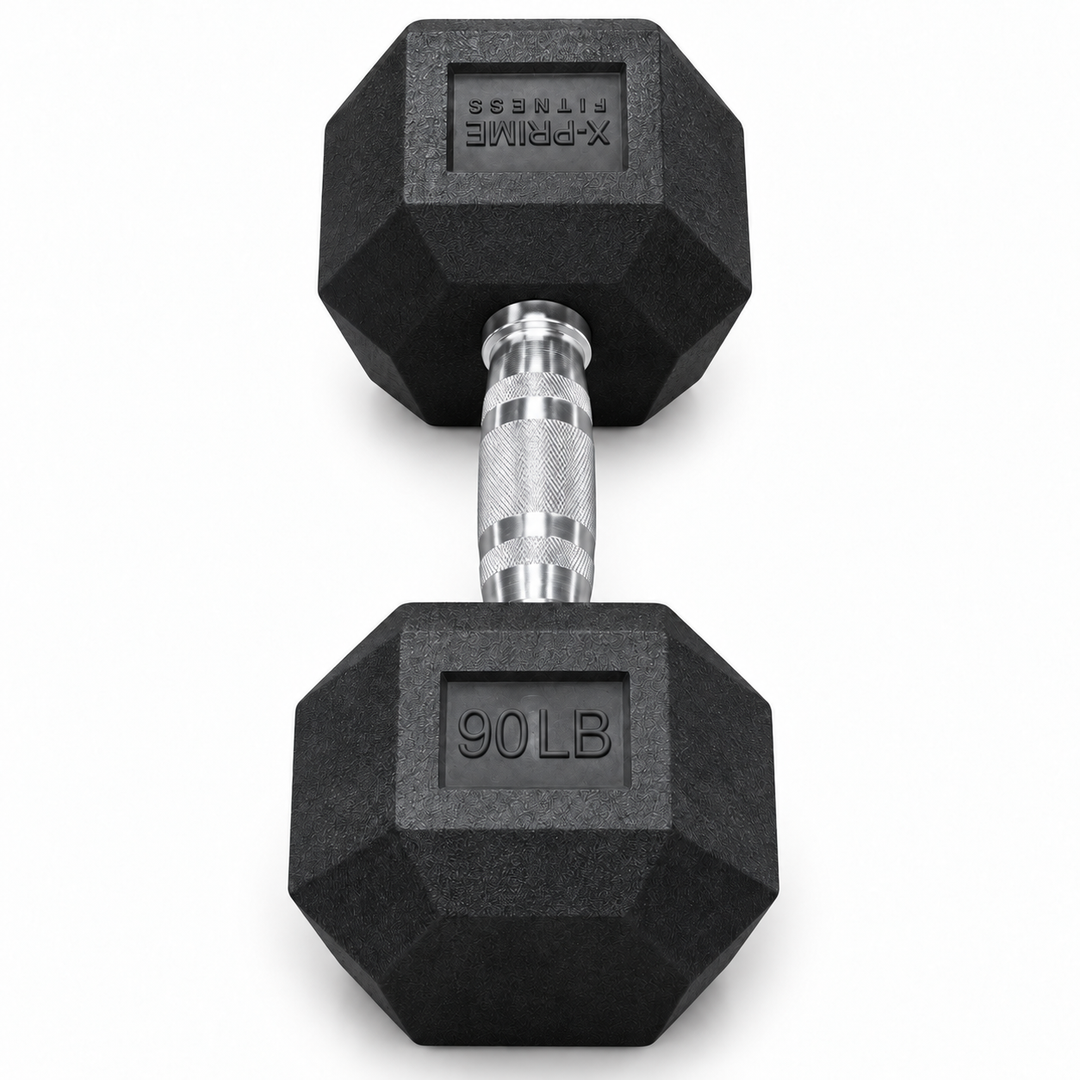 X-Prime Fitness 90 lb rubber hex dumbbell on white background, sold as a pair