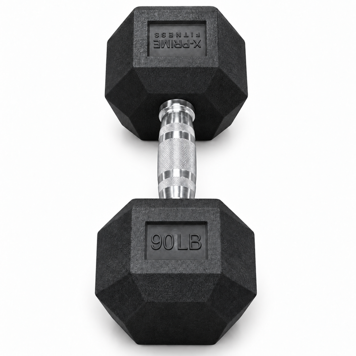 X-Prime Fitness 90 lb rubber hex dumbbell on white background, sold as a pair