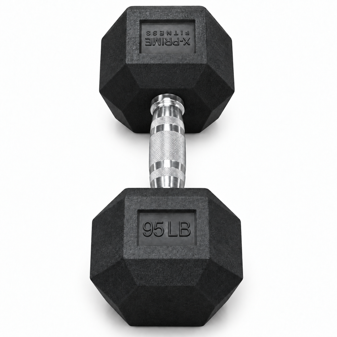 X-Prime Fitness 95 lb rubber hex dumbbell on white background, sold as a pair