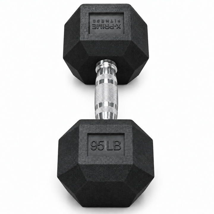 X-Prime Fitness 95 lb rubber hex dumbbell on white background, sold as a pair
