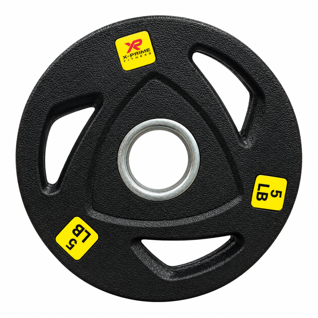 X-Prime tri-grip hard-coated cast iron Olympic 5 lb weight plate on white background; sold as a pair