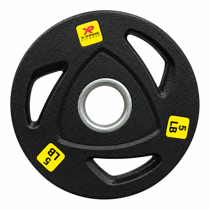 X-Prime tri-grip hard-coated cast iron Olympic 5 lb weight plate on white background; sold as a pair