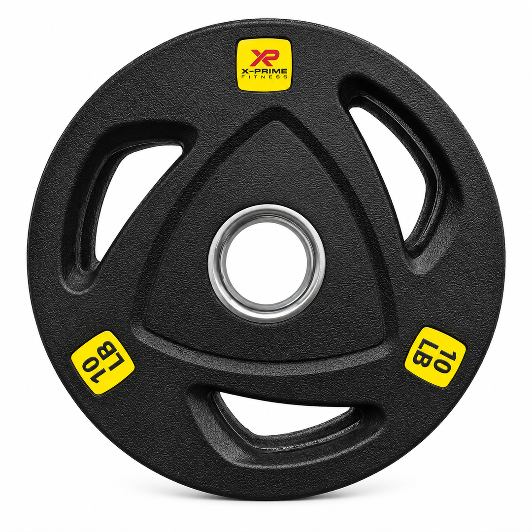 X-Prime tri-grip hard-coated cast iron Olympic 10 lb weight plate on white background; sold as a pair