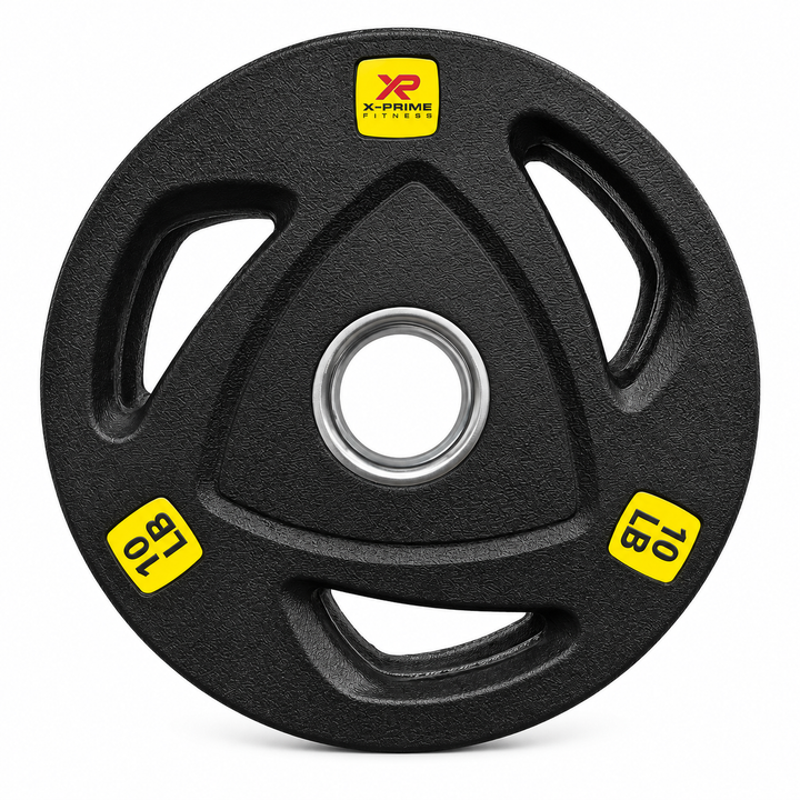 X-Prime tri-grip hard-coated cast iron Olympic 10 lb weight plate on white background; sold as a pair