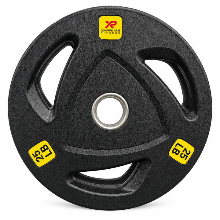X-Prime tri-grip hard-coated cast iron Olympic 25 lb weight plate on white background; sold as a pair