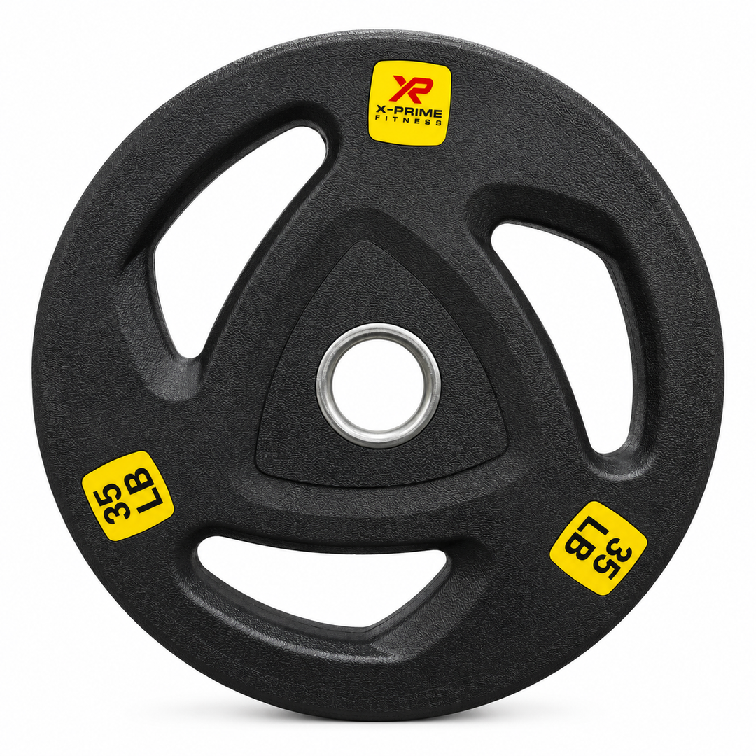 X-Prime tri-grip hard-coated cast iron Olympic 35 lb weight plate on white background; sold as a pair