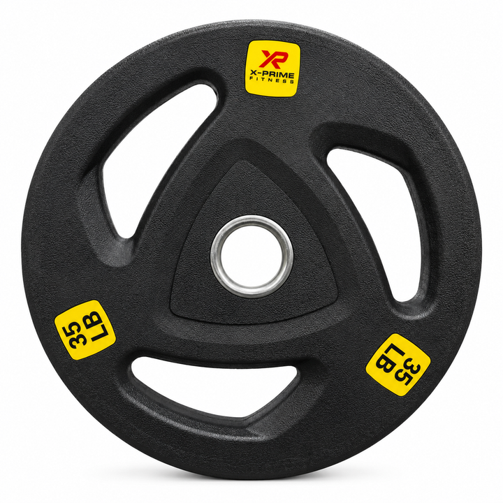 X-Prime tri-grip hard-coated cast iron Olympic 35 lb weight plate on white background; sold as a pair