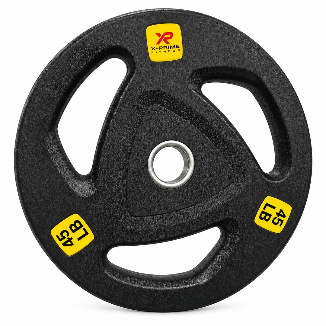 X-Prime tri-grip hard-coated cast iron Olympic 45 lb weight plate on white background; sold as a pair