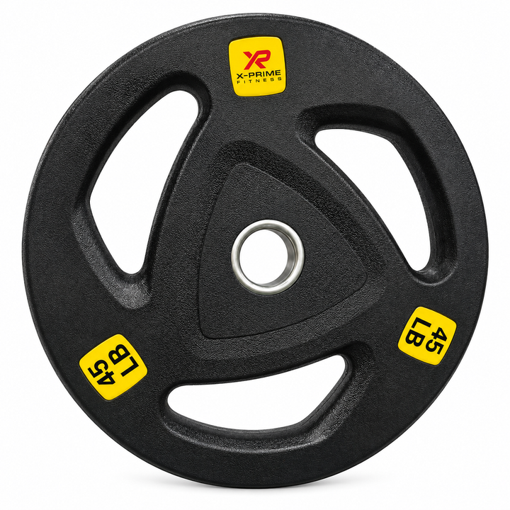 X-Prime tri-grip hard-coated cast iron Olympic 45 lb weight plate on white background; sold as a pair