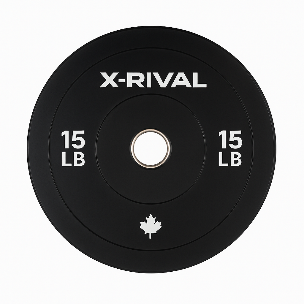 X-RIVAL 15lb black bumper plate crafted for durability and performance, ideal for weightlifting and home gym setups.